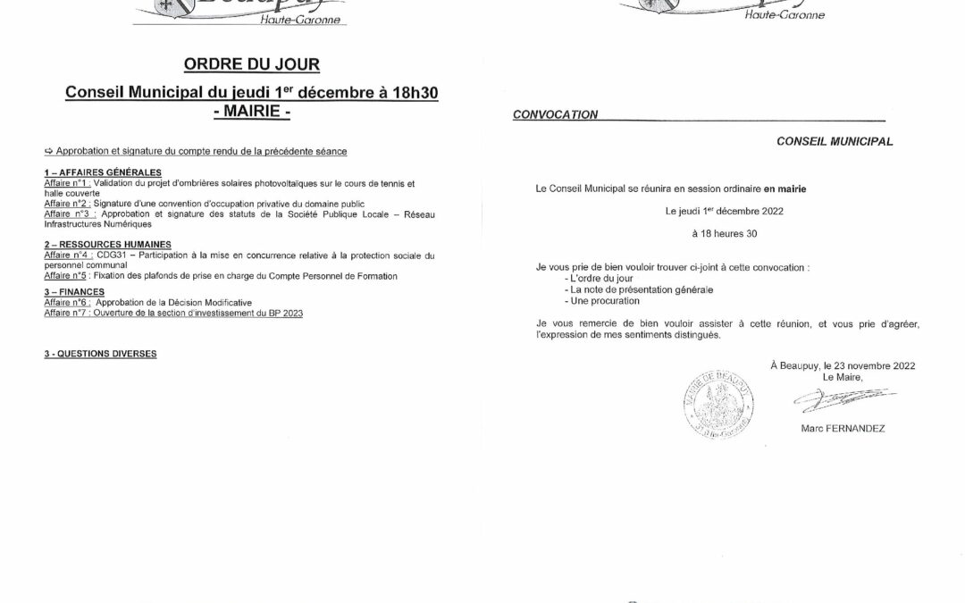 Conseil Municipal du 1er décembre 2022